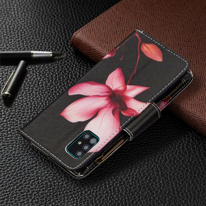 Capa De Couro Para Samsung Galaxy A51 Bolso Com Zíper Flor