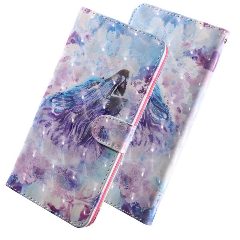 Capa Em Pele Para Samsung Galaxy A51 Aquarela Lobo