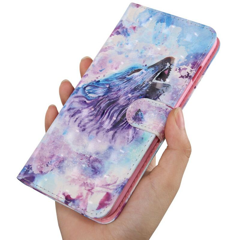 Capa Em Pele Para Samsung Galaxy A51 Aquarela Lobo