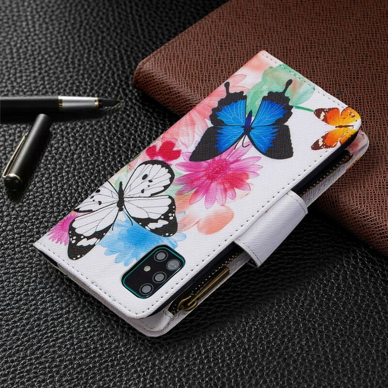 Capa Em Pele Para Samsung Galaxy A51 Bolso Com Zíper De Borboletas