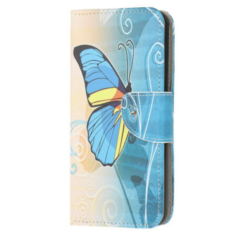 Capa Em Pele Para Samsung Galaxy A51 Borboleta Azul E Amarela