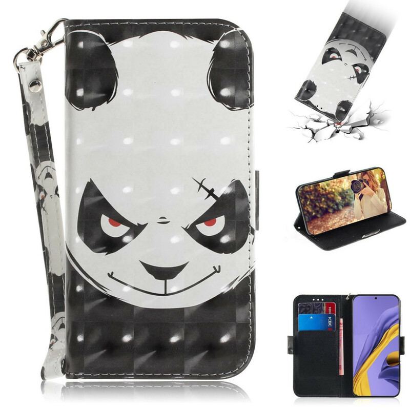 Capa Em Pele Para Samsung Galaxy A51 De Cordão Panda Irritado Com Cordão