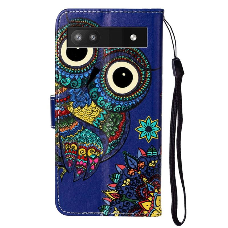 Capa De Couro Para Google Pixel 7A De Cordão Corujas Coloridas