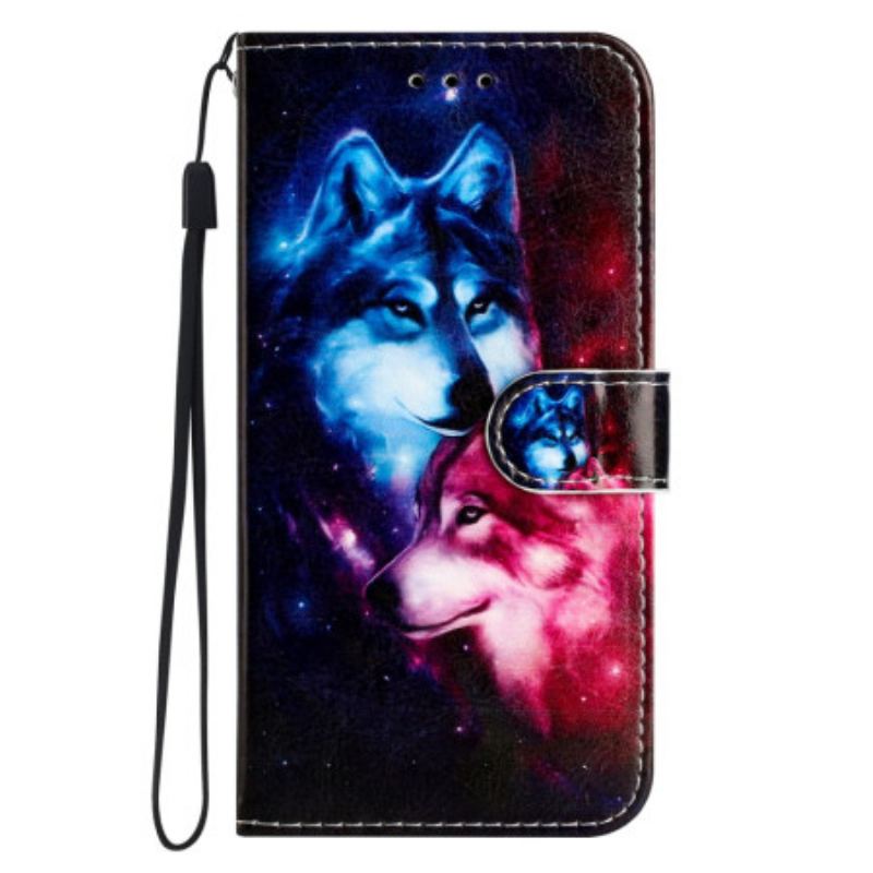 Capa De Couro Para Google Pixel 7A De Cordão Dois Lobos Em Tiras