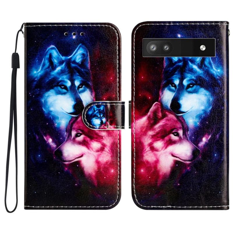 Capa De Couro Para Google Pixel 7A De Cordão Dois Lobos Em Tiras