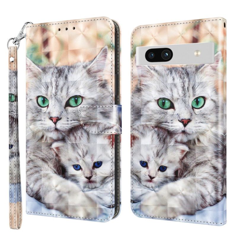 Capa Em Pele Para Google Pixel 7A De Cordão Família De Gatos Strappy