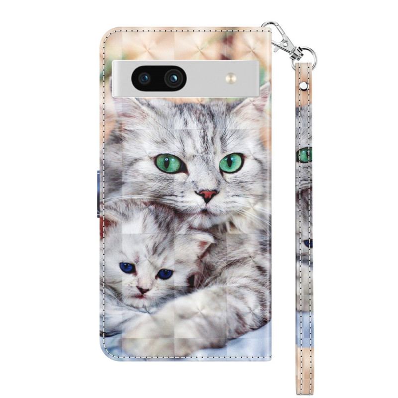 Capa Em Pele Para Google Pixel 7A De Cordão Família De Gatos Strappy