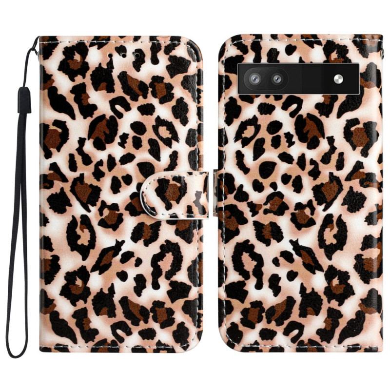 Capa Flip Para Google Pixel 7A De Cordão Estampa De Leopardo Com Tiras