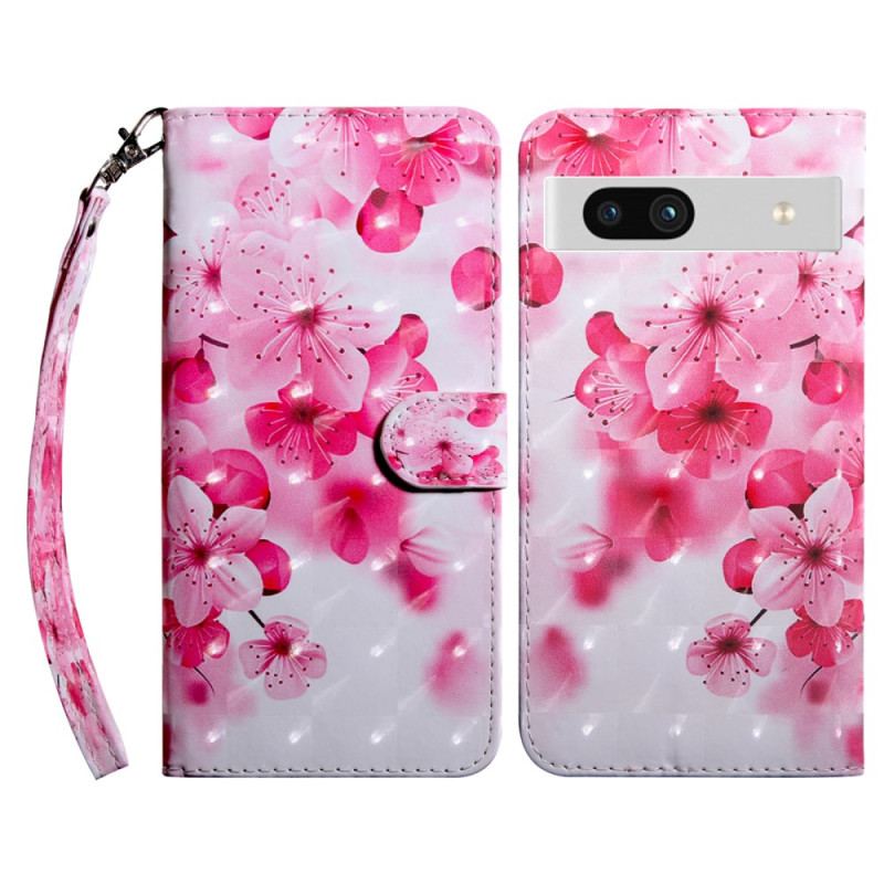 Capa Flip Para Google Pixel 7A De Cordão Flores Rosa Com Alça