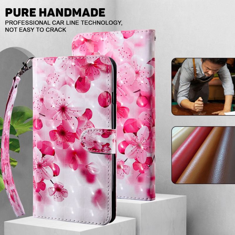 Capa Flip Para Google Pixel 7A De Cordão Flores Rosa Com Alça