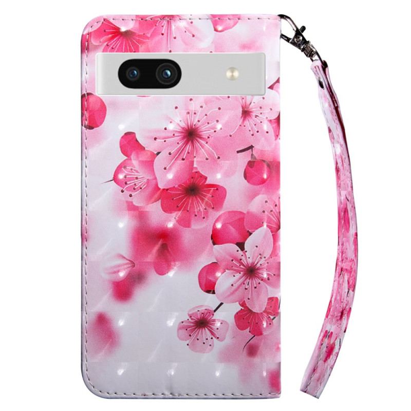 Capa Flip Para Google Pixel 7A De Cordão Flores Rosa Com Alça