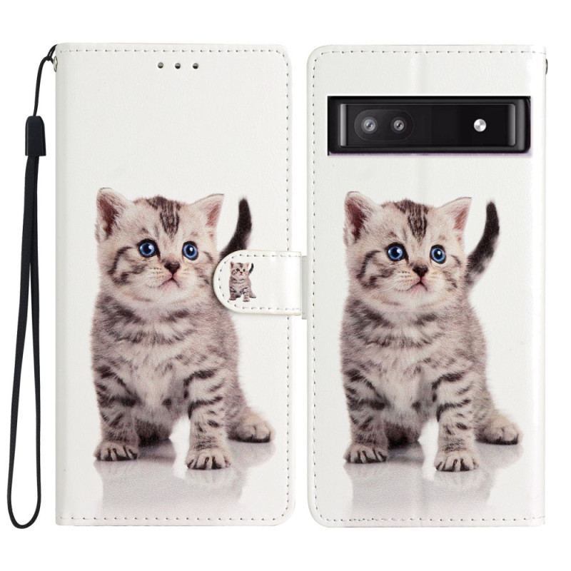 Capa Flip Para Google Pixel 7A De Cordão Lindo Gatinho Com Alça