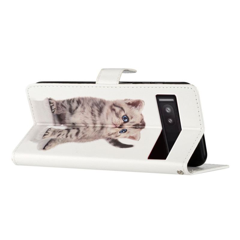 Capa Flip Para Google Pixel 7A De Cordão Lindo Gatinho Com Alça