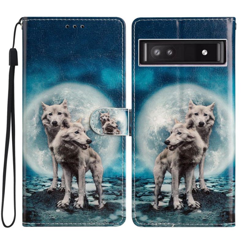 Capa Flip Para Google Pixel 7A De Cordão Lobos Luar Amarrados