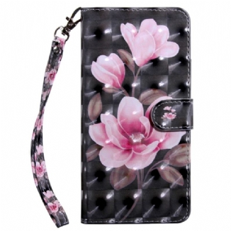 Capa Folio Para Google Pixel 7A De Cordão Flores Cor-de-rosa Com Tiras