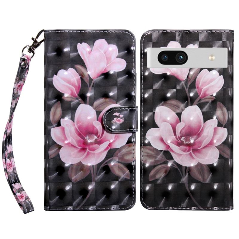 Capa Folio Para Google Pixel 7A De Cordão Flores Cor-de-rosa Com Tiras