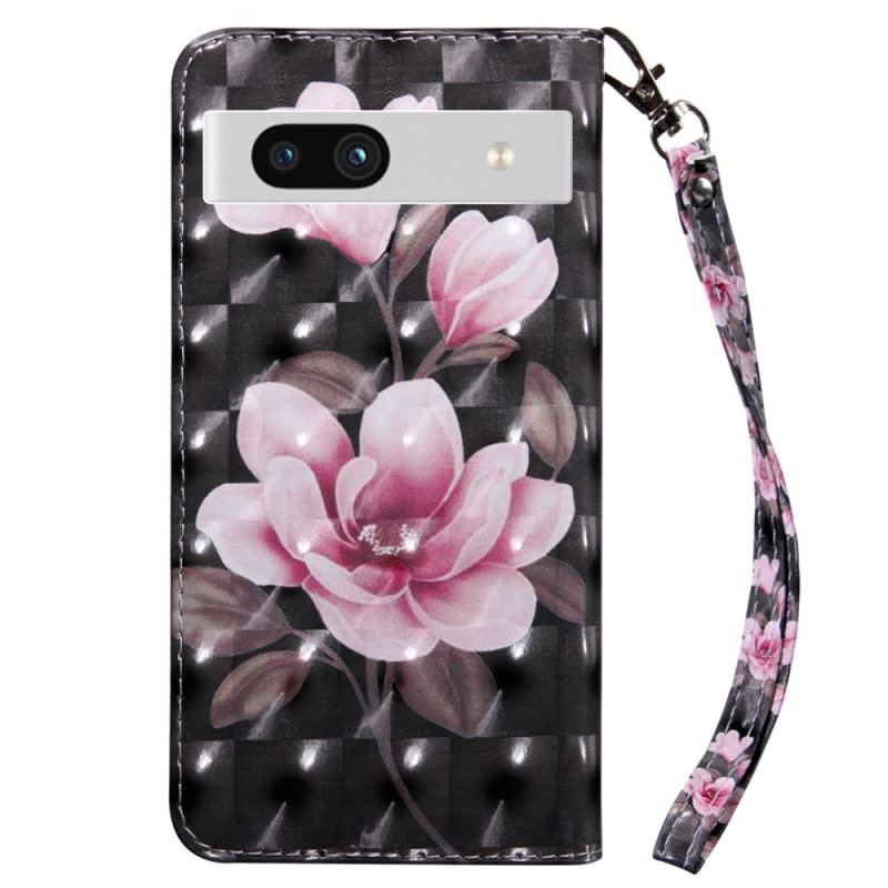 Capa Folio Para Google Pixel 7A De Cordão Flores Cor-de-rosa Com Tiras