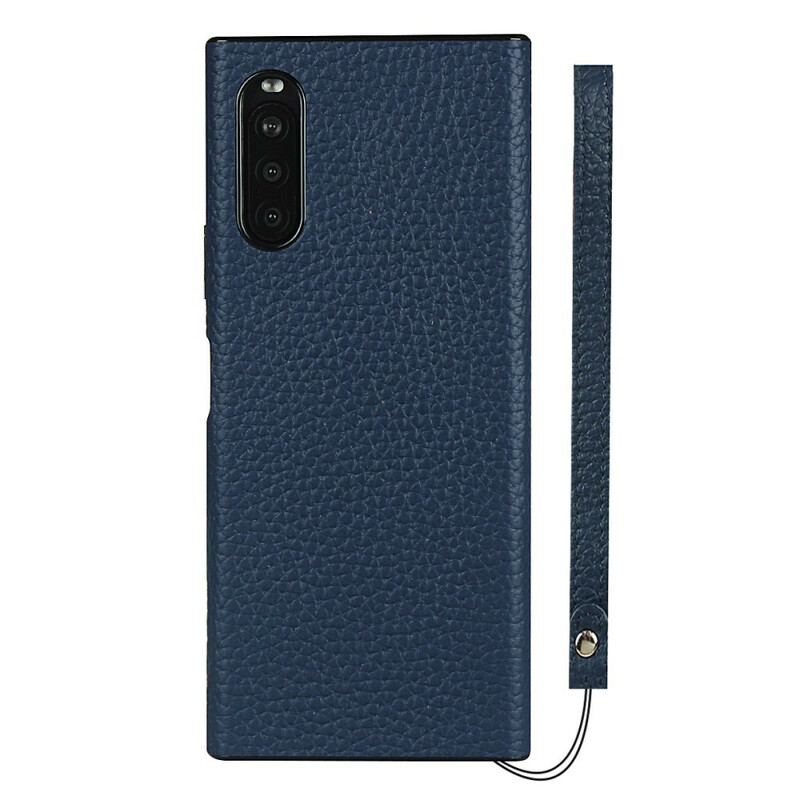 Capa Para Sony Xperia 10 II Couro Litchi Genuíno Com Alça